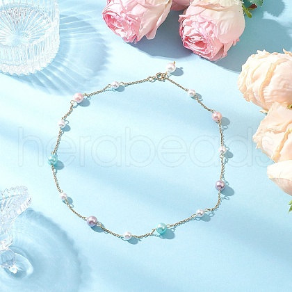 Round Shell Pearl & 304 Stainless Steel Handmade Link Chain Necklaces NJEW-JN05301-02-1