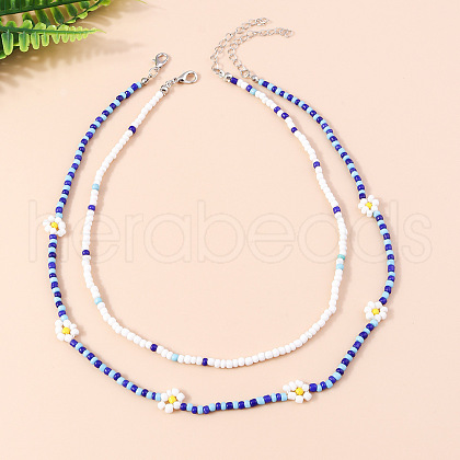 2Pcs Flower Glass Seed Beaded with Plastic Pearl Beaded Necklace Sets for Women FS-WGE85A7-14-1