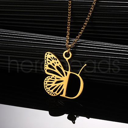304 Stainless Steel Butterfly Initial Pendant Necklaces WG80197-04-1