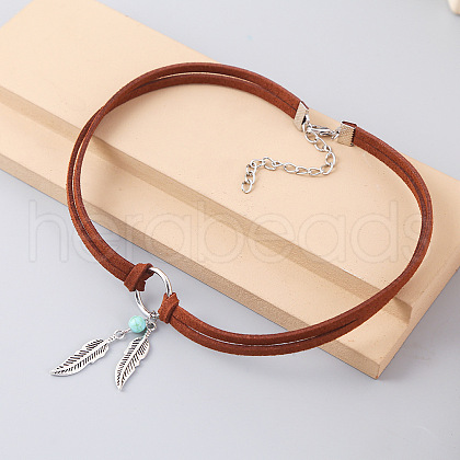Bohemian Style Alloy Feather Charm & Synthetic Turquoise Pendant Choker Necklaces FS-WGABF31-01-1