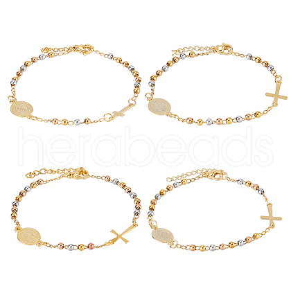 FIBLOOM 4Pcs 4 Style 304 Stainless Steel Jesus & Cross Link Bracelets Set with 201 Stainless Steel Beaded Chains BJEW-FI0001-35-1