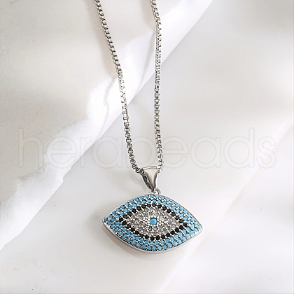 Brass Deep Sky Blue Cubic Zirconia Evil Eye Pendant Box Chain Necklaces VS0451-1-1