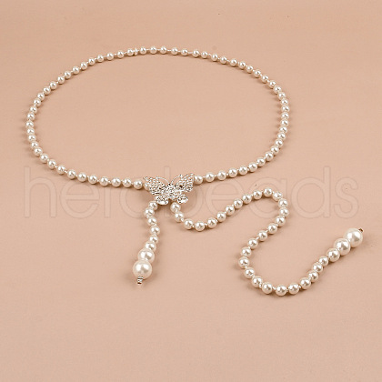 White Plastic Imitation Pearl Round Beaded Tassel Chain Belts for Dress FS-WGDCF9E-04-1