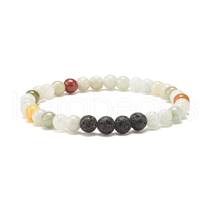 Natural Jadeite & Lava Rock Round Beaded Stretch Bracelet BJEW-JB07572-02-1