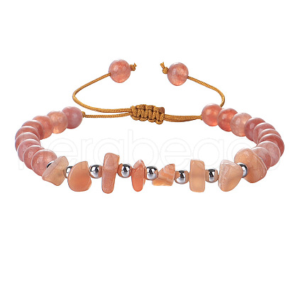 Natural Sunstone Round Beads & Chips Braided Bead Bracelets for Women Men MK7724-15-1