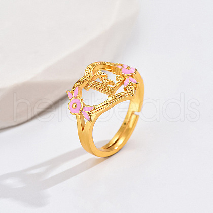 Heart & Flower Brass Pearl Pink Enamel Adjustable Finger Rings FS-WG8B9BA-04-1