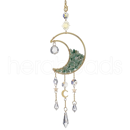 Wire Wrapped Natural Green Aventurine Chip & Brass Moon Pendant Decorations HJEW-JM01504-05-1