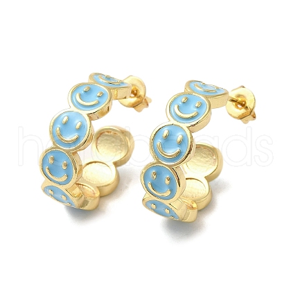 Smiling Face Real 18K Gold Plated Brass Stud Earrings EJEW-L268-016G-01-1
