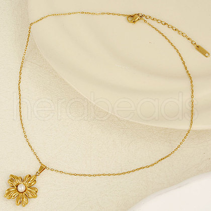 French Style 304 Stainless Steel Pave Natural Pearl Flower Pendant Necklaces OO0634-2-1