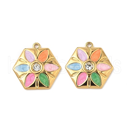304 Stainless Steel Enamel Rhinestone Flower Pendants STAS-U057-04G-02B-1