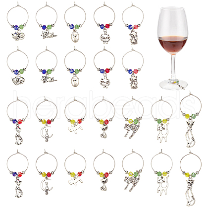 24Pcs 12 Style Tibetan Style Alloy Pendant & Brass Ring Wine Glass Charms AJEW-AB00056-1