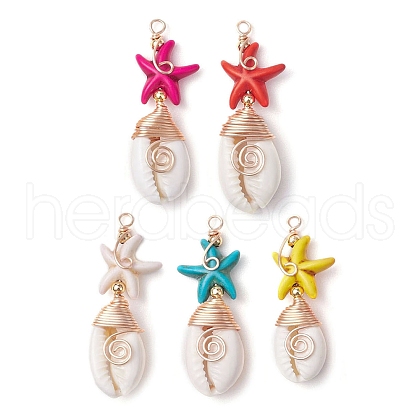 Synthetic Turquoise Bead with Natural Mixed Cowrie Shell Beads and Eco-Friendly Copper Wire and Brass Beads Pendants PALLOY-TA00233-01-1