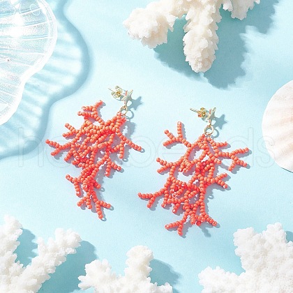 Star with Coral Handmade Glass Seed Beads Tassel Stud Earrings EJEW-MZ00472-01-1