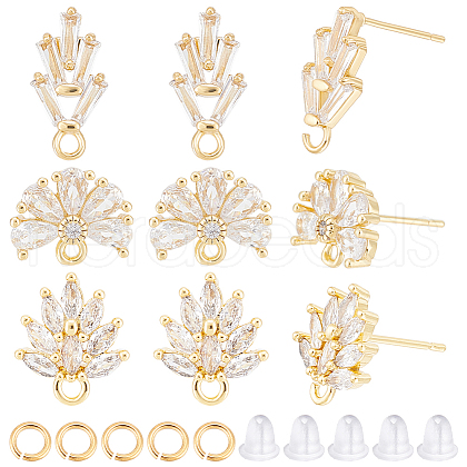 CREATCABIN 6 Pairs 3 Style Flower Brass Cubic Zirconia Stud Earring Findings KK-CN0003-19-1