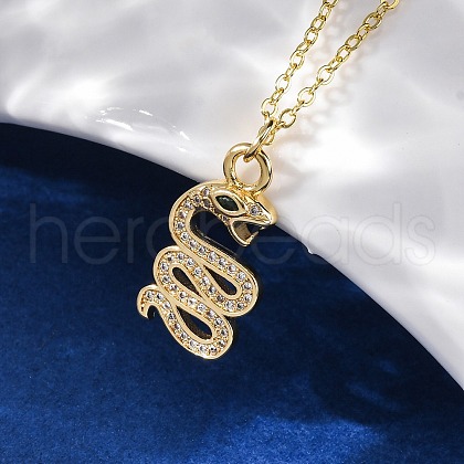 Brass Micro Pave Clear Cubic Zirconia Snake Pendant Necklaces NJEW-S438-02I-G-1