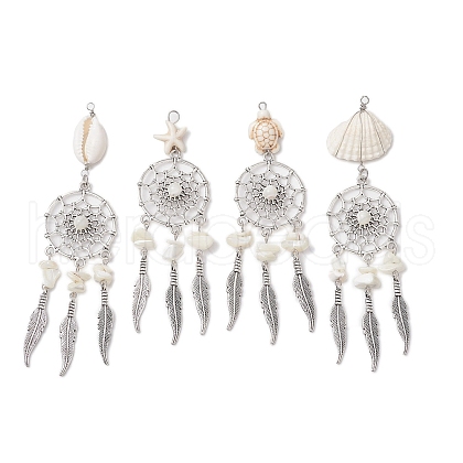 4Pcs 4 Styles Natural Shell & Synthetic Turquoise & Alloy Woven Web/Net with Feather Big Pendants PALLOY-JF03444-1