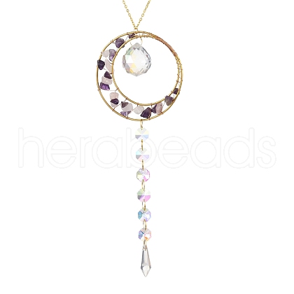 Wire Wrapped Natural Amethyst & Rose Quartz Chips & Metal Ring Hanging Ornaments AJEW-H154-05-1