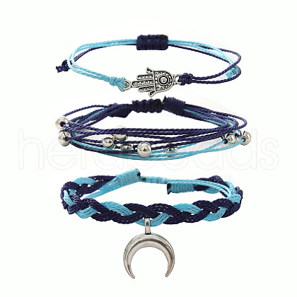 3Pcs Moon Alloy & Wax Cord Braided Bead Bracelets Set FS-WG10F8B-07-1