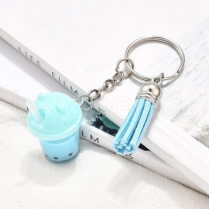 Faux Suede Tassel & Imitation Bubble Tea/Boba Milk Tea Resin Keychain KEYC-JKC01203-03-1