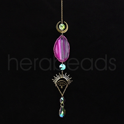 Natural Agate Piece & Metal Evil Eye Moon Hanging Ornaments PW-WG66301-02-1