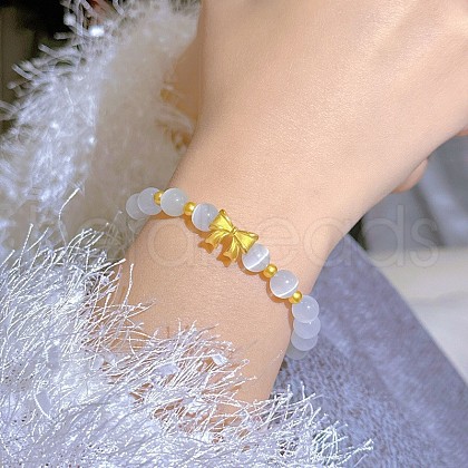 Bowknot Alloy Cat Eye Round Beaded Charm Bracelets WG18D49-12-1