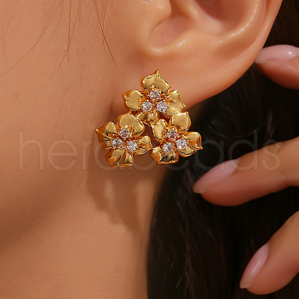 Elegant Brass Clear Cubic Zirconia Flower Stud Earrings WJ0052-1