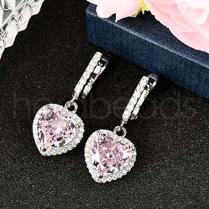 925 Sterling Silver Pave Cubic Zirconia Heart Hoop Earrings EJEW-C150-01B-02-1