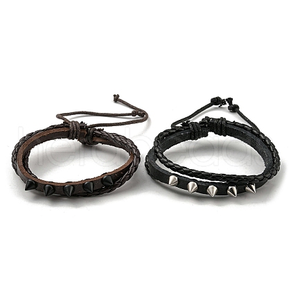 PU Leather & Waxed Cords Triple Layer Multi-strand Bracelets BJEW-F468-08-1