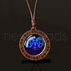 Flat Round with Twelve Constellations Blue Glass & Wood Pendant Waxed Leather Cord Necklace for Women Men WG486C3-01-1