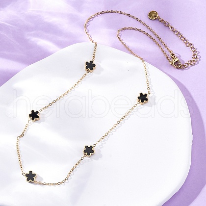 304 Stainless Steel & Imitation Black Shell Flower Link Chain Necklaces NJEW-R026-25G-1