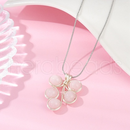 Leaf Copper Wire Wrapped Natural Rose Quartz Beaded Pendant Necklaces NJEW-JN05218-05-1