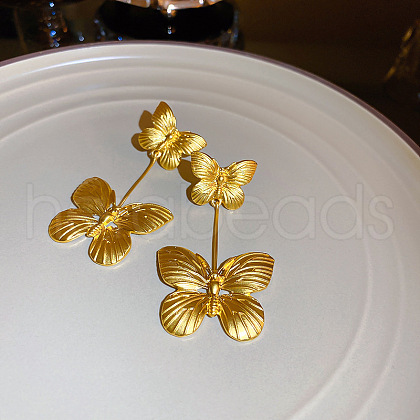 Butterfly Brass Dangle Stud Earrings EJEW-H156-02G-1