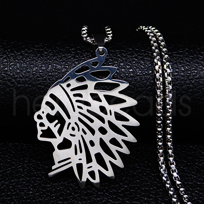 304 Stainless Steel Hollow Cut American Indian Chief Pendant Necklaces NJEW-H065-13P-1