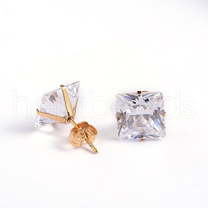 Square Cubic Zirconia Stud Earrings EJEW-H306-08G-6mm-1