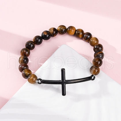 Round Natural Tiger Eye Bead Stretch Bracelets BJEW-F493-08EB-01-1