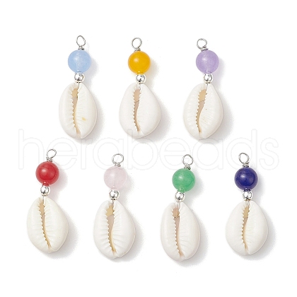 Natural Cowrie Shell & Natural Dyed Malaysia Jade Round Pendants PALLOY-JF03832-02-1