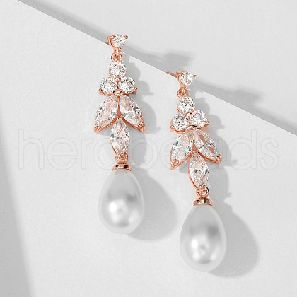 Teardrop with Leaf Brass Clear Cubic Zirconia Dangle Stud Earrings FS-WG5BC5A-02-1