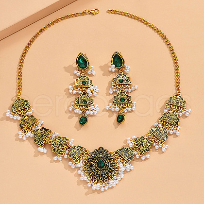 Teardrop Alloy & Plastic Pearl & Rhinestone Pendant Necklace & Stud Dangle Earring FS-WGB01EC-02-1