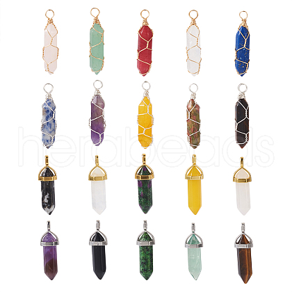 Fashewelry 20Pcs 20 Style Natural Mixed Gemstone Double Terminated Pointed Pendants G-FW0001-15-1