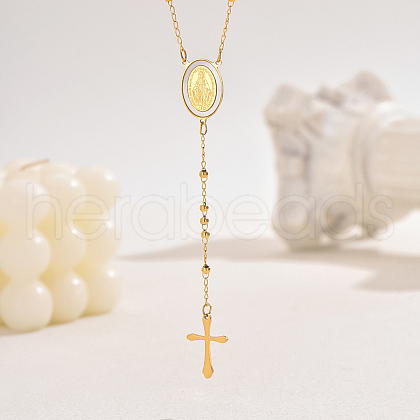 Stainless Steel Vintage Relief Portrait Pendant Tassel Cross Rosary Bead Necklaces for Women UI6948-2-1