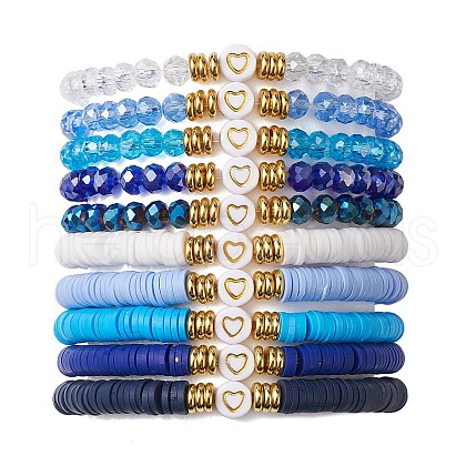 10Pcs Polymer Clay Disc & Glass & Brass Beaded Stretch Bracelets Set BJEW-JB09676-01-1