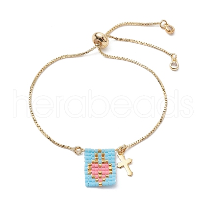 Glass Seed Heart & Brass Cross Charms Silder Bracelets BJEW-MZ00056-1