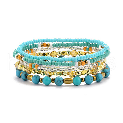 5Pcs 5 Style Synthetic Turquoise(Dyed) & Hematite & Glass Sead Beads Stretch Bracelets Set BJEW-JB07670-03-1