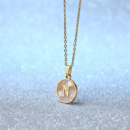 Flat Round Stainless Steel Pave Natural White Shell Initial Pendant Necklaces for Women FS-WG6FA45-14-1
