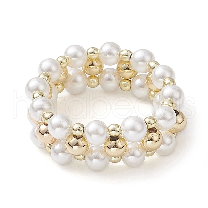 Shell Pearl & Non-magnetic Synthetic Hematite & Brass Beaded Finger Rings RJEW-JR00678-1