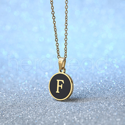 Alloy Black Enamel Flat Round with Letter Pendant Necklaces for Women WG4B845-06-1