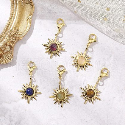 Natural Tiger Eye & Rose Quartz & Lapis Lazuli & Green Aventurine & Amethyst Sun Pendant Decoration HJEW-JM02828-1