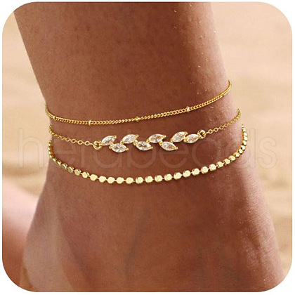 Brass Crystal Rhinestone Leaf Link 3 Layer Anklets for Women FS-WG032DF-08-1