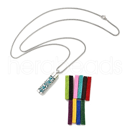 304 Stainless Steel Hollow Heart Column Diffuser Pendant Necklaces NJEW-XCP0001-47P-1