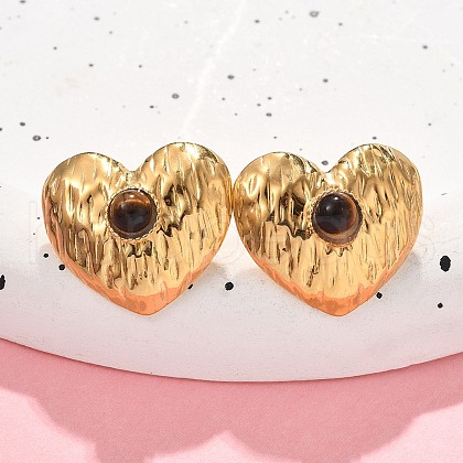 304 Stainless Steel Tiger Eye Stud Earrings EJEW-V016-03G-1